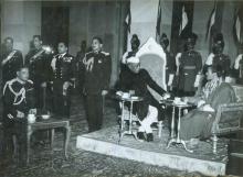 President Shri Fakhruddin Ali Ahmed receiving greetings from the three Service Chiefs