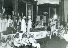 Dr. Rajendra Prasad greeting Dr. S. Radhakrishnan after the swearing in ceremony