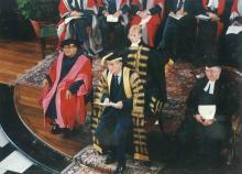 President Dr. Shankar Dayal Sharma with the Chancellor after receiving the Doctorate