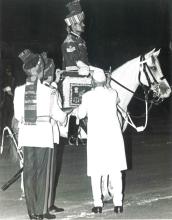 Presidet Dr. Shankar Dayal Sharma presenting Trumpet and Banner to the President's Bodyguard