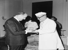 President Dr. Zakir Husain meeting with Mr. Rene Maheu, Director-General, UNESCO, at Rashtrapati Bhavan.