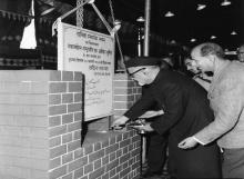 President Dr. Zakir Husain laying the Foundation Stone of Ghalib Memorial at Mata Sundari Road, in New Delhi.