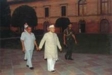 President Dr. Shankar Dayal Sharma taking a walk in the Mughal Gardens of Rashtrapati Bhavan