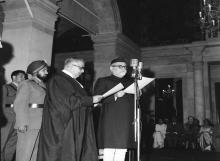 President Dr. Zakir Husain at the swearing in ceremony of Justice M. Hidayatullah, at Rashtrapati Bhavan.