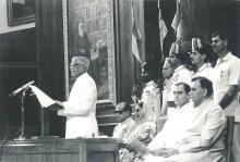 President R. Venkataraman addressing the Members of Parliament on the occasion of 40th Anniversary of India's Independence at the Central Hall, Parliament House