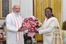 The Prime Minister of India, Shri Narendra Modi called on the President of India, Smt. Droupadi Murmu at Rashtrapati Bhavan on July 26, 2022, first time after her assumption of office on July 25, 2022.